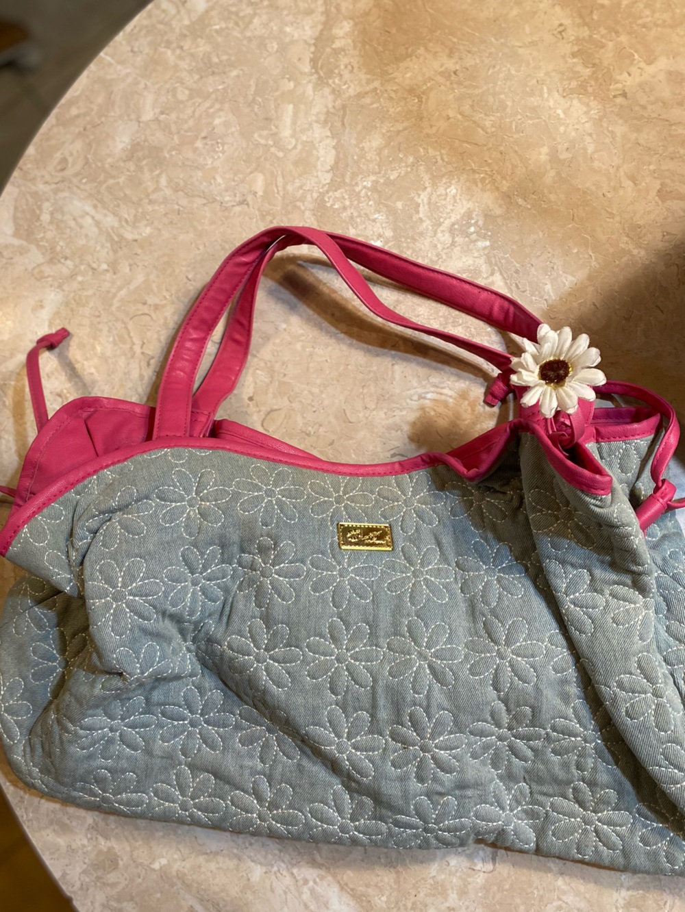 Quilted Daisy Tote with Pink Trim and Charm